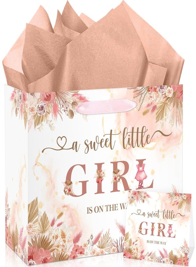 Wayyogh Baby Shower Paper Bag, Pink Floral Sweet Baby Girl Gift Bag with Tissue Paper and Card Boho Dried Flowers Wrap Bag with Handle for Baby Shower Birthday Gender Reveal Party Favors Decorations Supplies - Image 1